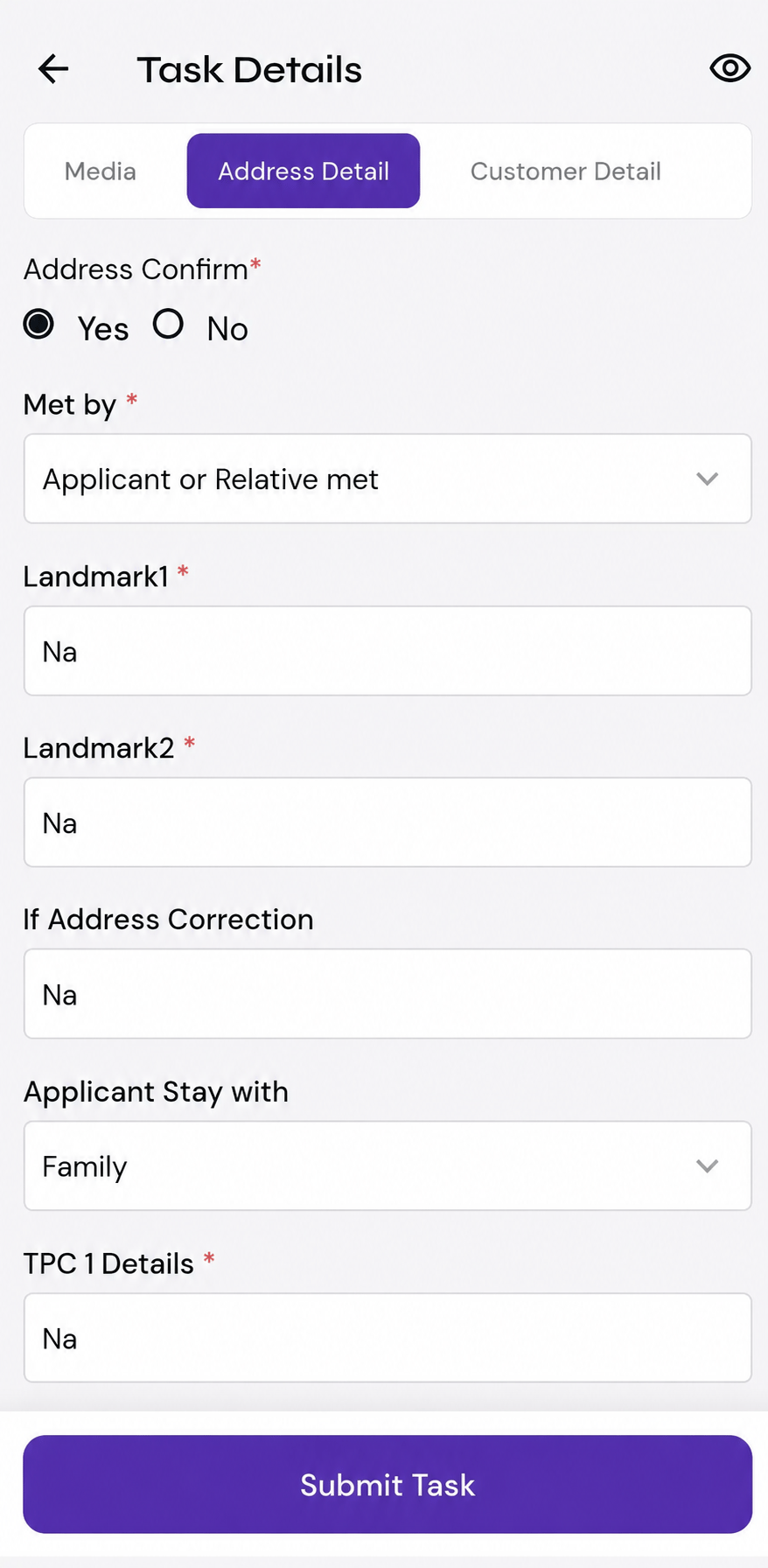 The pre-sanction residence verification form on the Alpha FieldOS mobile application