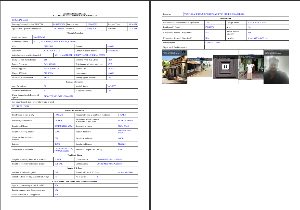 The generated customer verification report produced by Alpha FieldOS