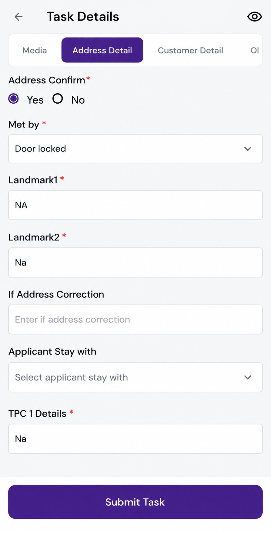 The pre-sanction residence verification form on the Alpha FieldOS mobile application
