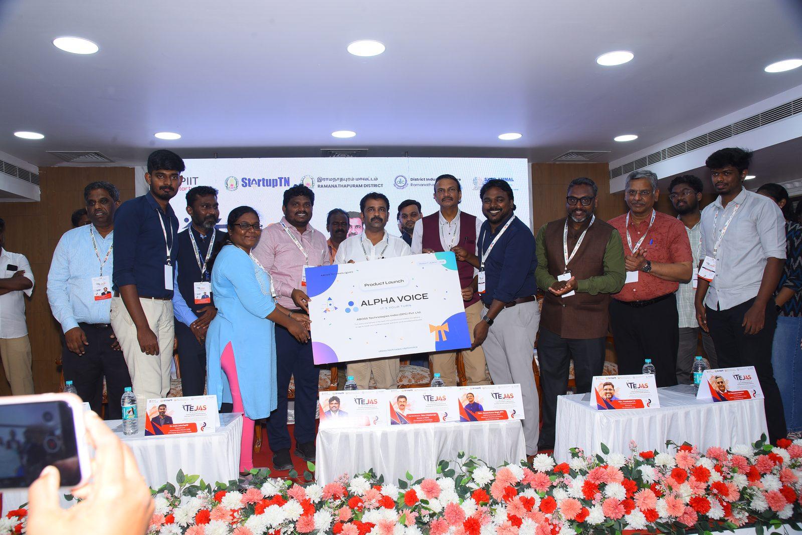 Officials and the ABOSS team on stage unveiling the Alpha Voice product launch board at the TEJAS Mega Startup Fest in Ramanathapuram