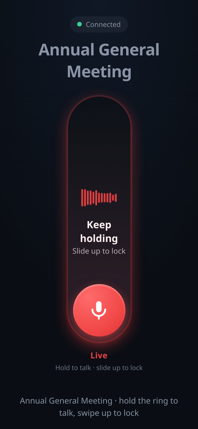 AlphaVoice on a phone — holding the ring to speak live through the hall PA.