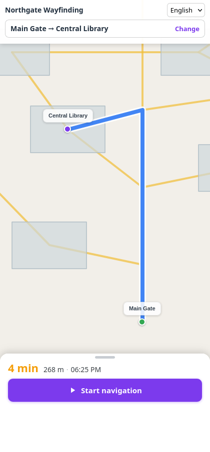 The same WayFinder screen in a purple and amber identity.