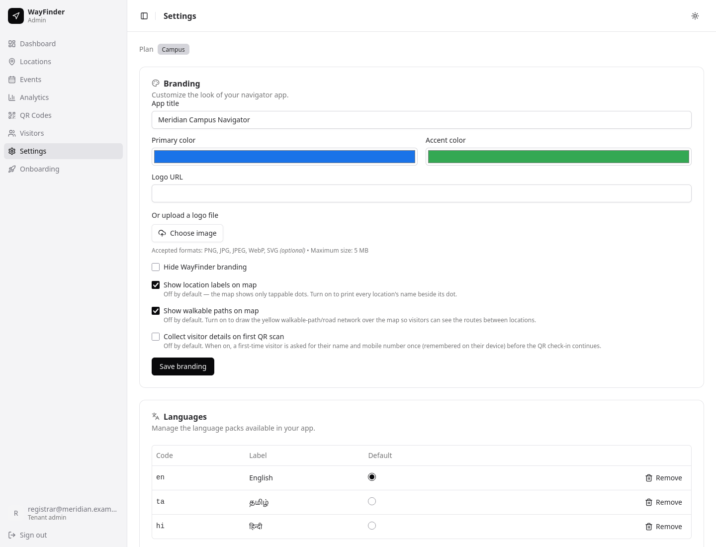 WayFinder admin — Branding & languages