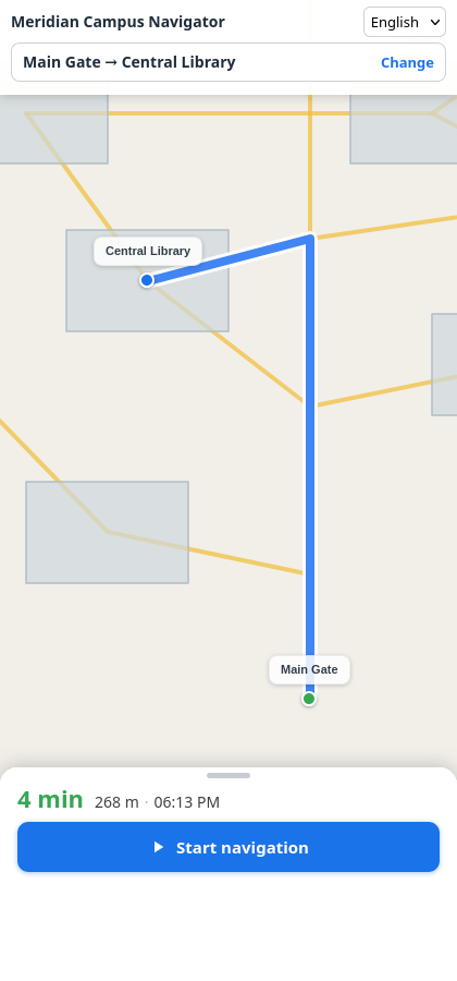 WayFinder on a phone — a walking route from Main Gate to Central Library, with distance and arrival time.