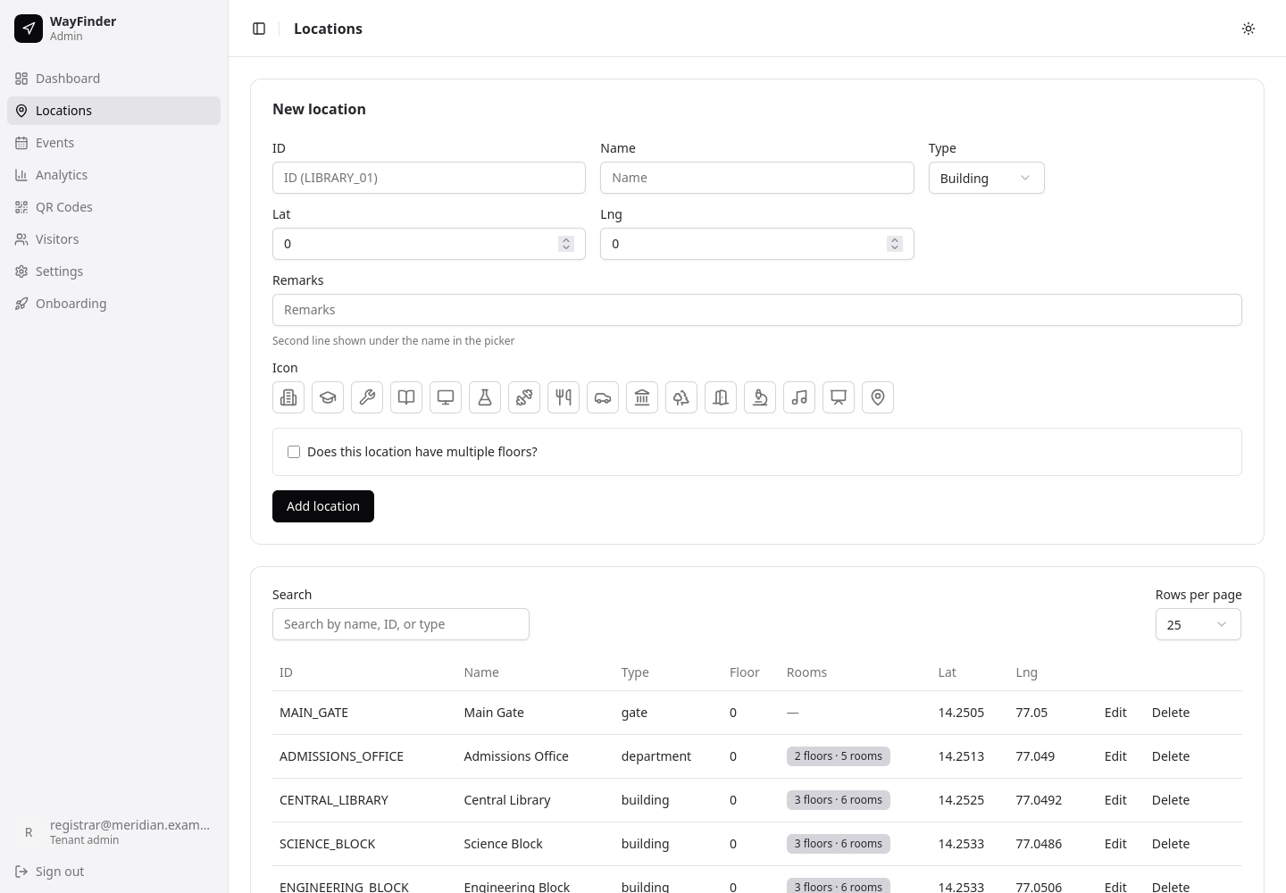 WayFinder admin — Locations