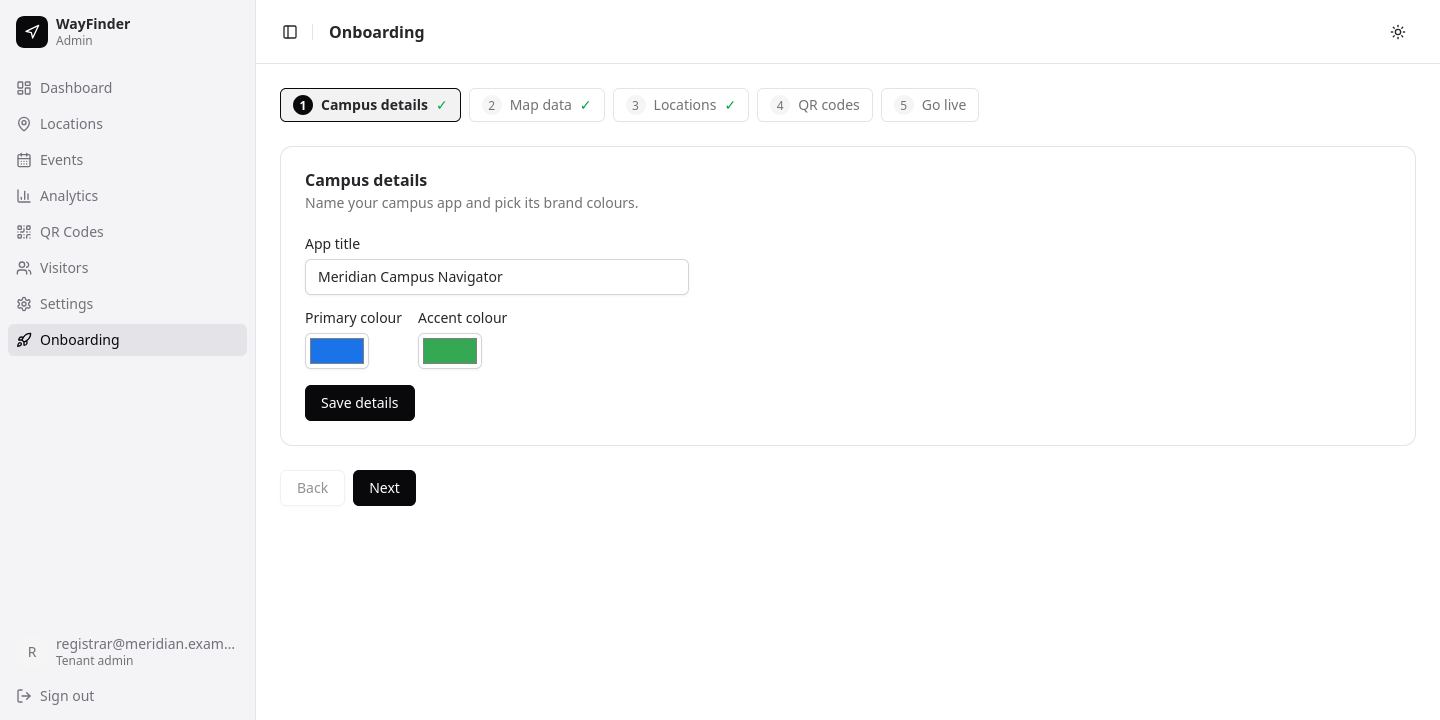 The WayFinder onboarding wizard — campus details, map data, locations, QR codes, go live.