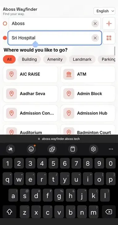 WayFinder choosing a destination from Aboss — Sri Hospital typed in, with results filtered by building, amenity, landmark and parking.