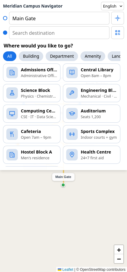 WayFinder opened from a scanned QR code — Main Gate is already set as the start and the destination picker is open.