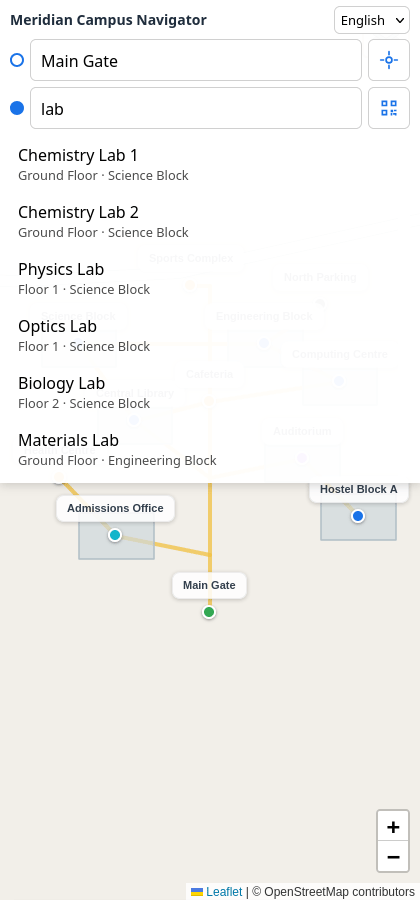 Searching “lab” in WayFinder returns room-level results, each labelled with its floor and parent building.