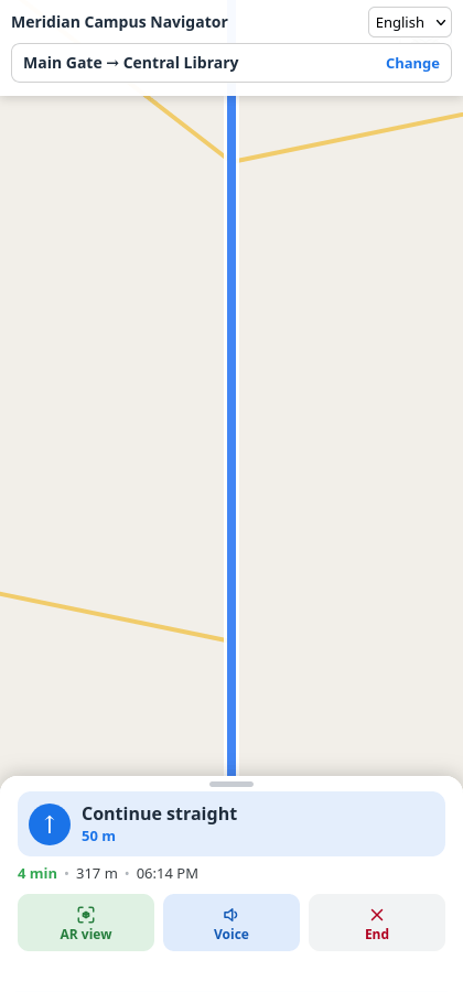 WayFinder navigating — “Continue straight, 50 m” with live distance, arrival time and the AR / Voice / End action row.